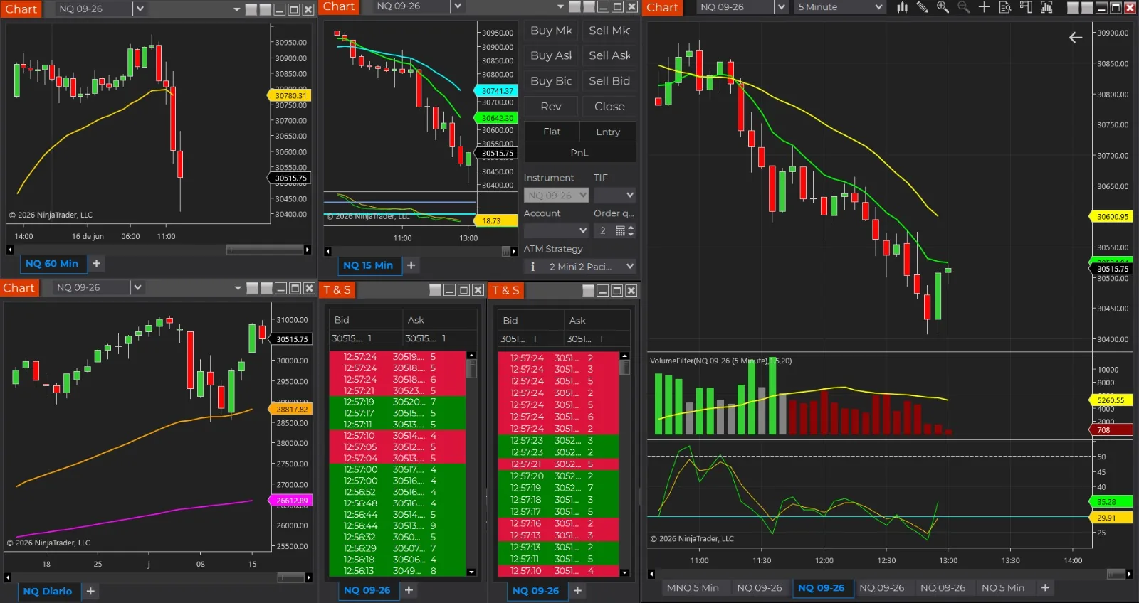 Espacio de trabajo de NinjaTrader: gráficos de NQ diario, de 60 y de 15 minutos, dos ventanas de Time and Sales y el gráfico de ejecución de 5 minutos con VolumeFilter y RSI